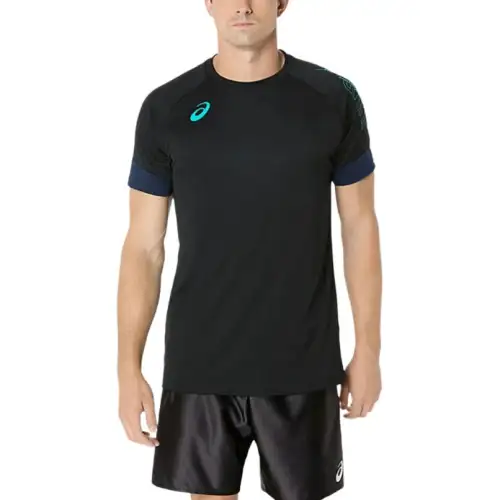 ASICS T Shirts Men's Black Blue Crew Neck