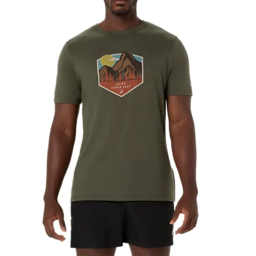 ASICS T Shirts Unisex Olive Canvas Crew Neck Moderate Straight Fit