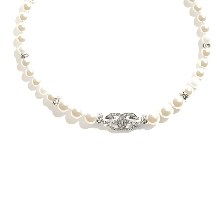 CHANEL 25S Freshwater Pearl Rhinestone Necklaces Women's White