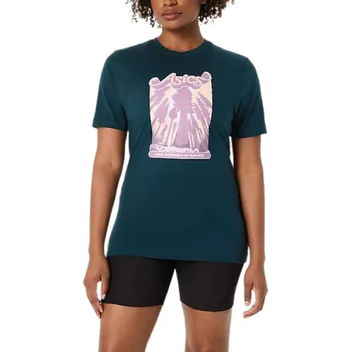 ASICS T Shirts Women's Saxon Green Stone South Color Crew Neck Moderate