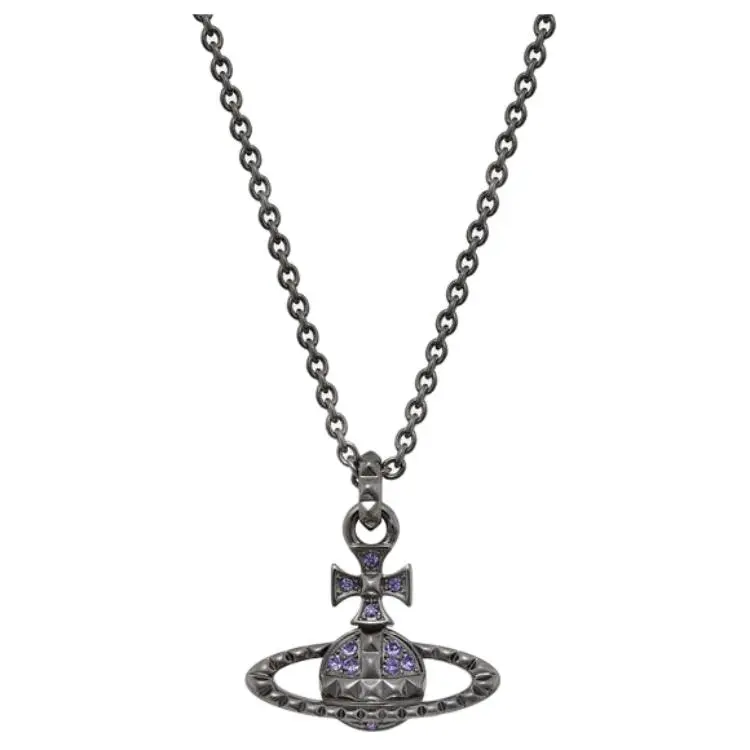 Vivienne Westwood Mayfair Bas Relief Pendant Brass Necklaces Unisex Gunmetal Gray/Purple Diamond