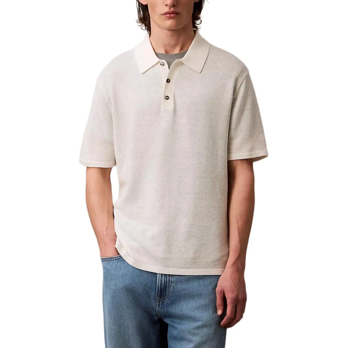 Calvin Klein Polo Shirts Men's Tofu White Polo Collar Moderate