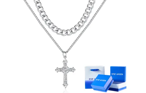 ENFANTIN Gothic dark style boys' Cuban chain, trendy, cool, hip-hop, European and American embossed cross, double layer chain, sweet and cool hot girl clavicle chain, good luck, titanium steel necklace, same style for men and women, silver