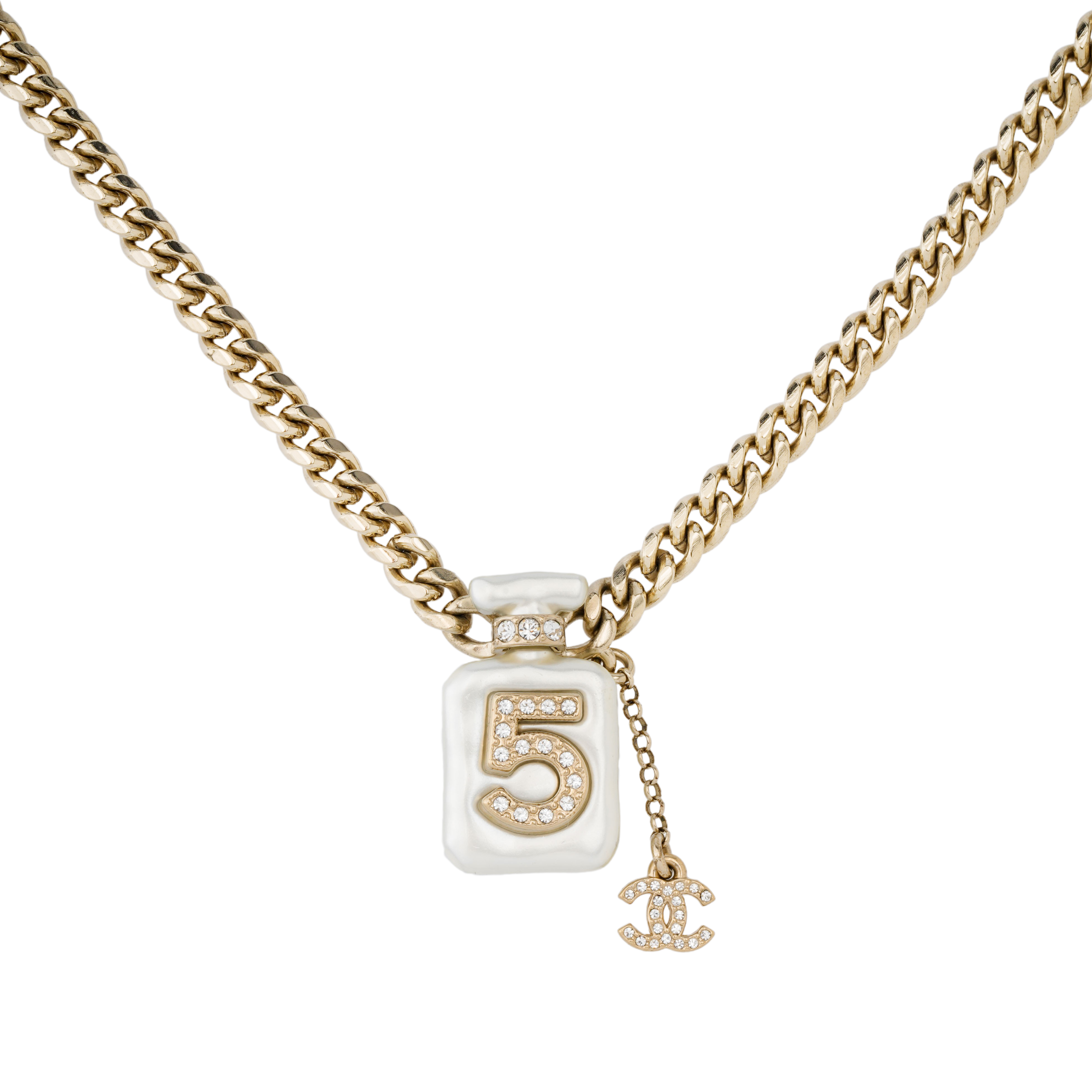 Chanel 2022 Plated Cc Resin and Rhinestones No. 5 Perfume Bottle Pendant Necklace costume necklace