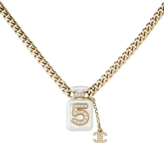 Chanel 2022 Plated Cc Resin and Rhinestones No. 5 Perfume Bottle Pendant Necklace costume necklace