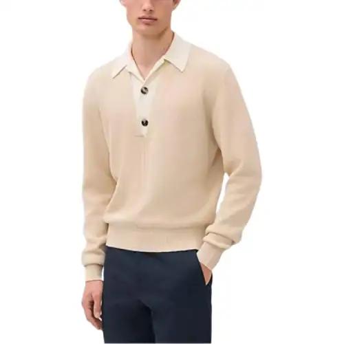 HERMES Polo Shirts Men's Khaki Polo Collar Moderate Straight Fit