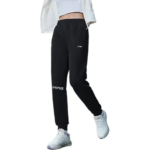 Li Ning Comfortable Casual Minimalist Style Elastic Cuff Fleece Lined Thermal Mid Rise Knitted Sweatpants Women's Black