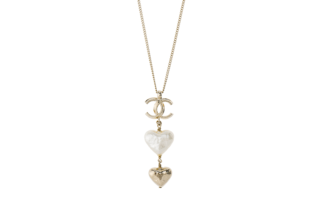 CHANEL Chanel Double C Heart Metal Artificial Pearl Necklace Women's