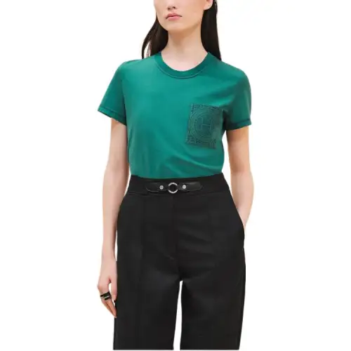 HERMES T Shirts Women's Green Crew Neck Moderate Straight Fit