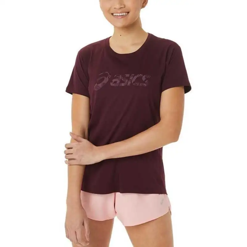 ASICS T Shirts Women's Burgundy Crew Neck Moderate