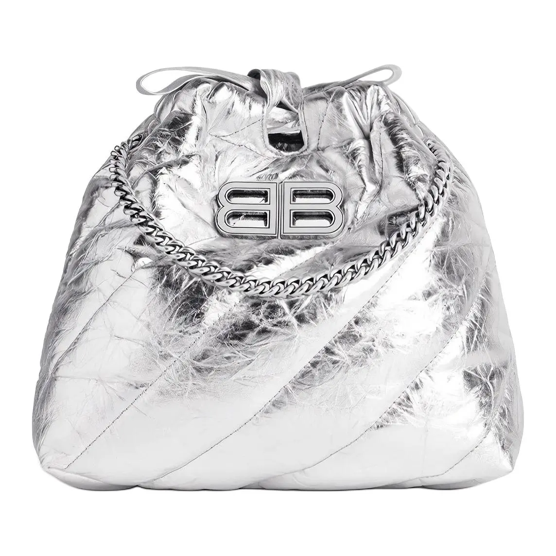 Balenciaga Crush Metallic Embossed Calfskin Trash Bag Shoulder Bags Extra Mini Women's Silver