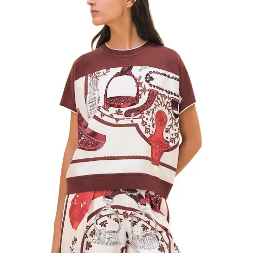 HERMES SS24 Patterned Print Crew Neck Short Sleeved T Shirt Women's Multicolor
