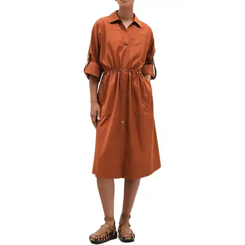 HERMES SS25 Long Sleeved Dress Women's Red Brown