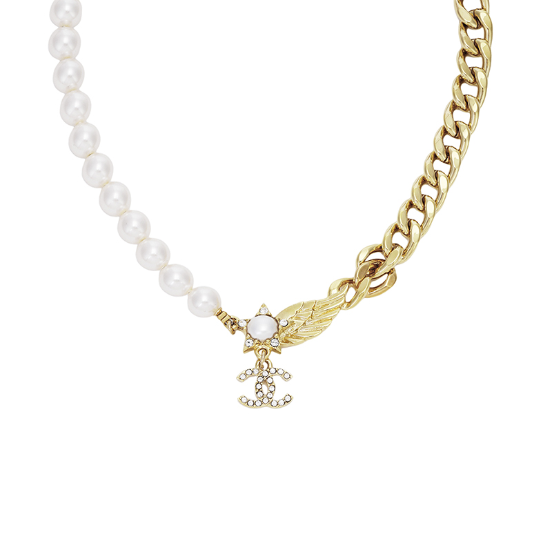 CHANEL Chanel 23C Classic Star Wings Double C Pendant Metal Artificial Pearl Rhinestone Necklace Women's Gold