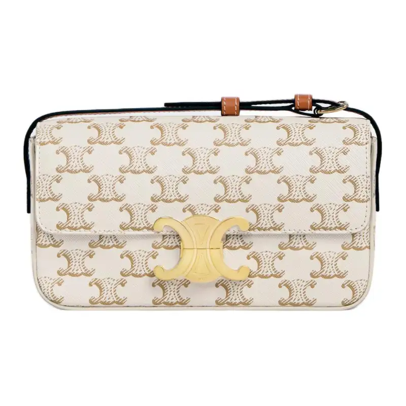 CELINE Claude Cow Leather Shoulder Bag Women's White/Khaki
