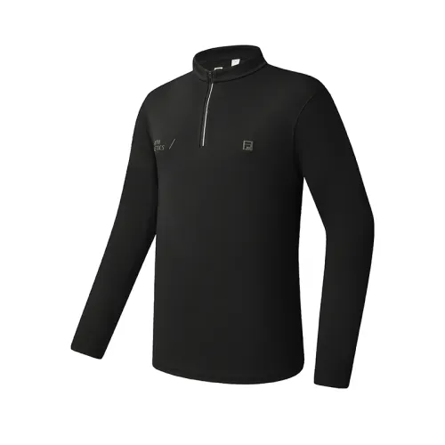 FILA Fitness T Shirts Men's Pitch Black Stand Collar Moderate Straight Fit