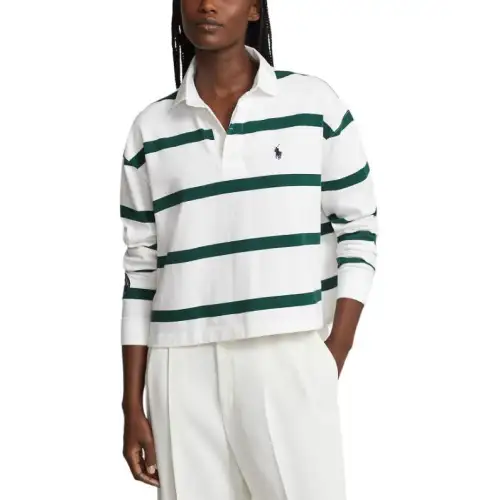 Polo Ralph Lauren Wimbledon Tennis Open Series SS24 Logo Embroidered Striped Casual Short Long Sleeve Polo Shirt Women's Ceramic White