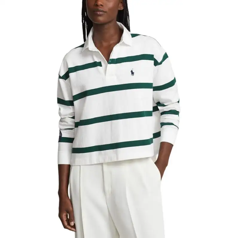 Polo Ralph Lauren Wimbledon Tennis Open Series SS24 Logo Embroidered Striped Casual Short Long Sleeve Polo Shirt Women's Ceramic White