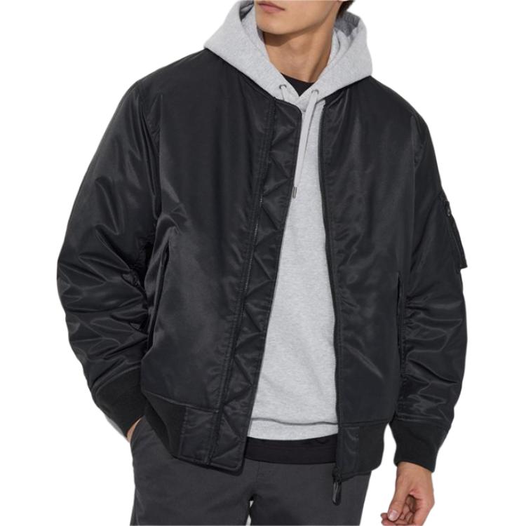 UNIQLO Uniqlo твердый цвет хром водонепроницаемый Ткань круглый воротник с замками Плечо секция с карманами Стегание удерживающий тепло пилот длинный рукав хлопок служить мужские и женские фасон унисекс черный