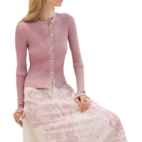 HERMES Knitwear Women's Rose Crew Neck Moderate Cardigan