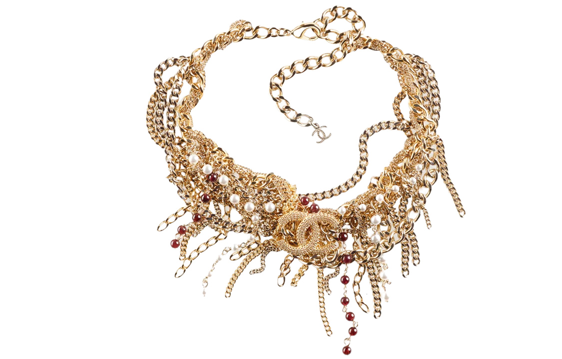 CHANEL Double C Metal, Natural Gemstone, Glazed Pearls Necklaces Women's Burgundy Gold