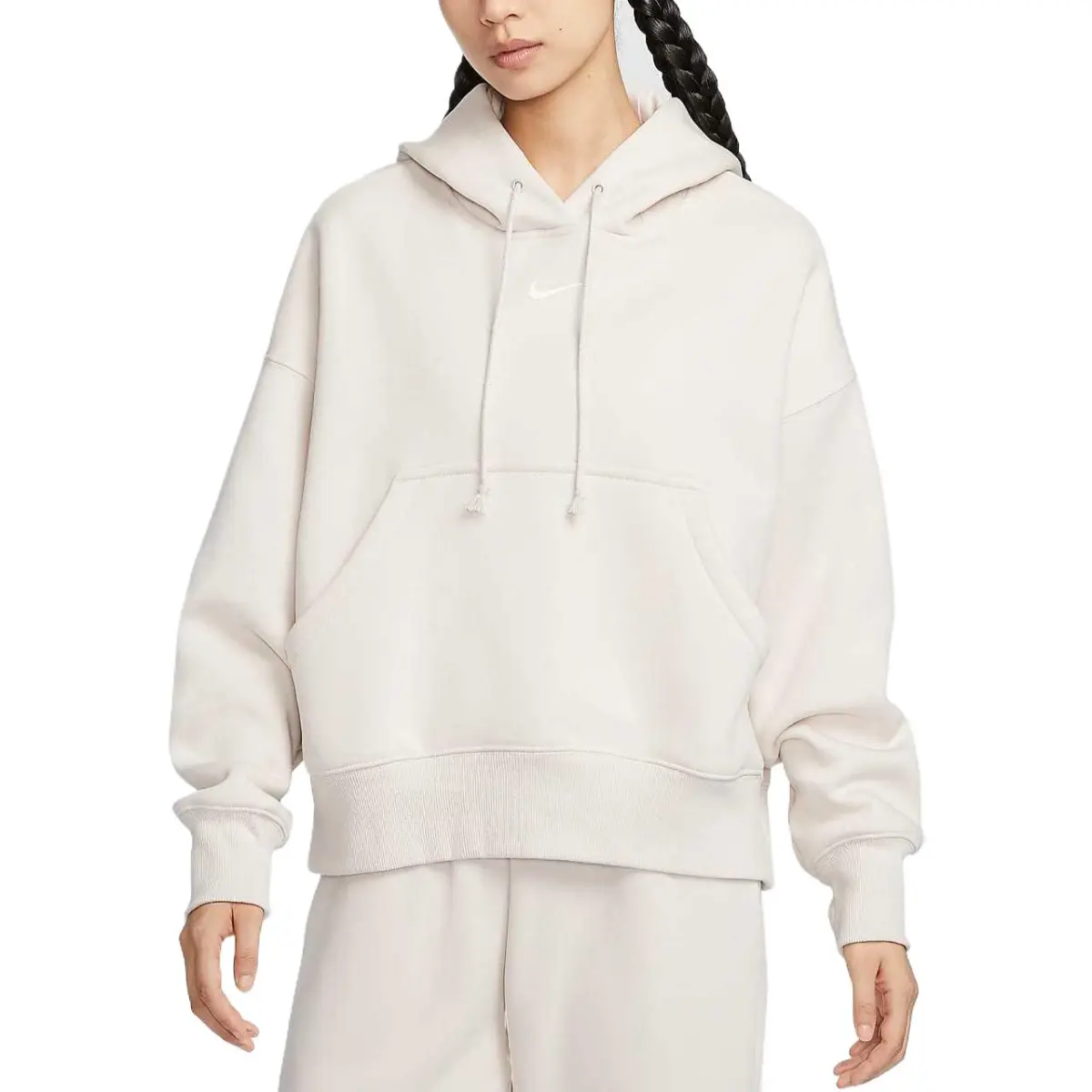Nike Sportswear Phoenix Fleece Brand Logo Embroidery Fleece Lined Pullover Hooded Sweatshirt Women's Sail White
