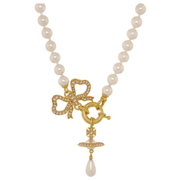 Vivienne Westwood Brass pendant with bow pearl, golden necklace for men and women, for beloved