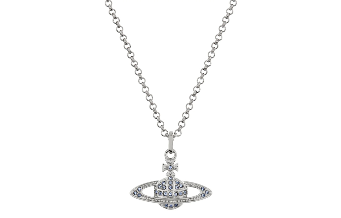 Vivienne Westwood Mini Bas Relief Classic Embossed Crystal Pendant Seasonal Limited Platinum Plated Necklace Unisex Couple Style Blue Diamond/Silver Chain