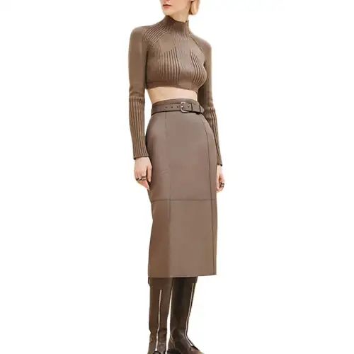HERMES Leather Long Skirt Women's Gray