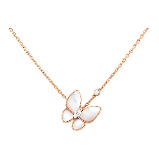 Van Cleef & Arpels Two Butterfly Series Diamond 18K Gold, Mother Of Pearl Necklaces Unisex Rose Gold