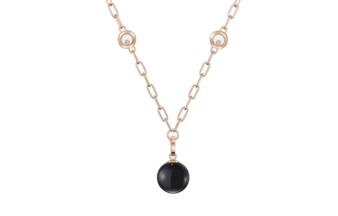 CHOPARD HAPPY DIAMONDS PLANET Series Onyx Pendant Diamond Necklace Women's Rose Gold