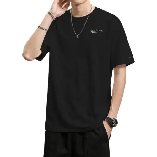 ANTA T Shirts Men's Basic Black Chest Letter Crew Neck Thin Straight Fit
