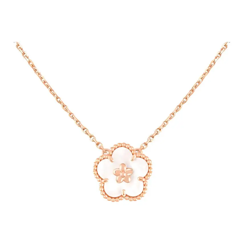 Van Cleef & Arpels Lucky Spring Collection 18K Gold Mother Of Pearl Necklaces Unisex Rose Gold
