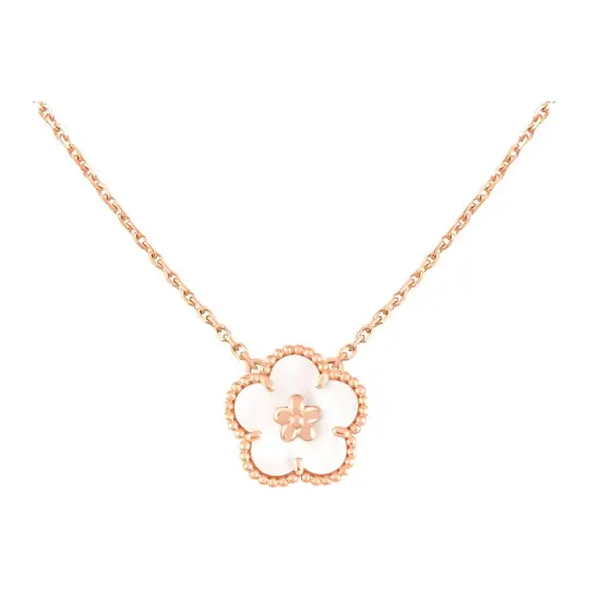 Van Cleef & Arpels Lucky Spring Collection 18K Gold Mother Of Pearl Necklaces Unisex Rose Gold
