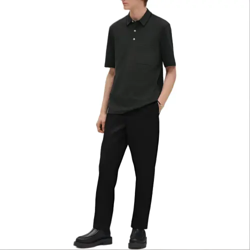 HERMES Polo Shirts Men's Chromium Green Polo Collar Moderate Straight Fit
