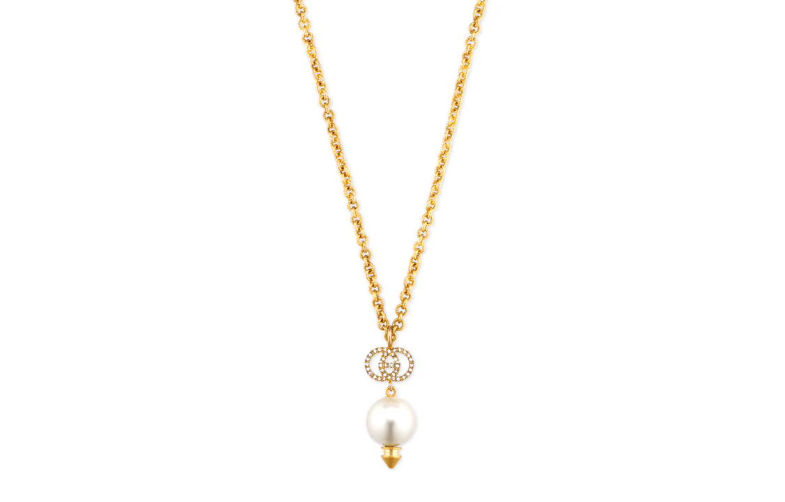 GUCCI 1990-2024 Plated Gg Faux Pearl Drop Pendant Costume Necklace