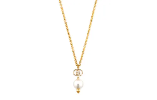 GUCCI 1990-2024 Plated Gg Faux Pearl Drop Pendant Costume Necklace