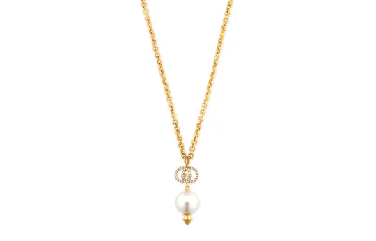 GUCCI 1990-2024 Plated Gg Faux Pearl Drop Pendant Costume Necklace