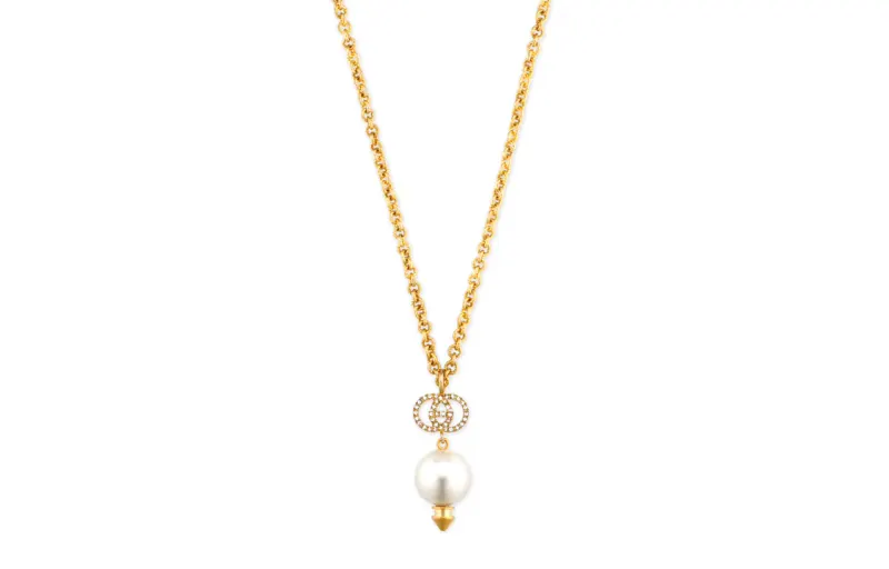 GUCCI 1990-2024 Plated Gg Faux Pearl Drop Pendant Costume Necklace