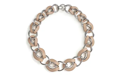 HERMES Calfskin, Palladium Plated, Leather, Metal Necklaces Women's Khaki/Silver