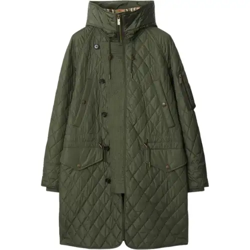 Burberry Puffer Jackets Men's Green Hooded Non Detachable Moderate Straight Fit