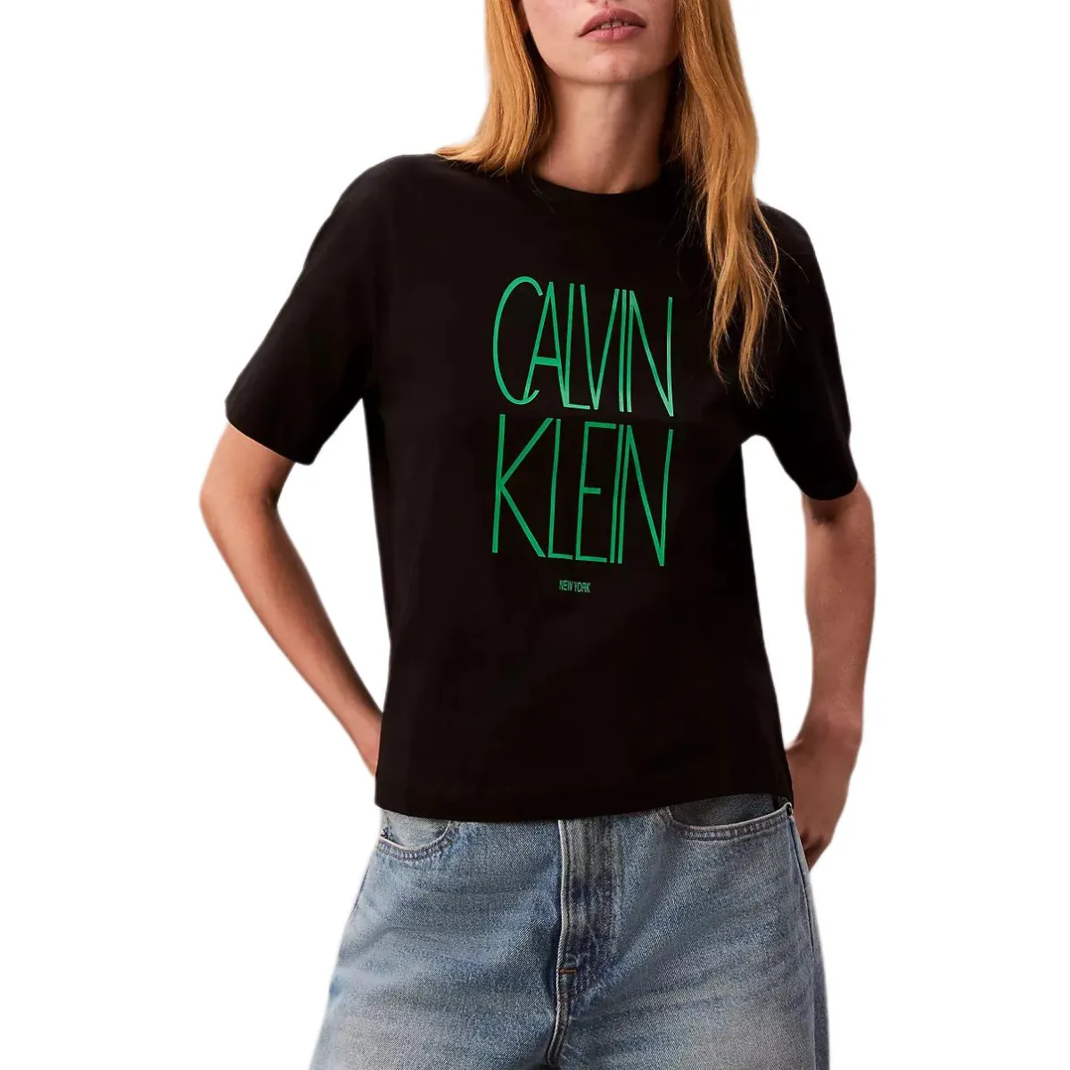 Calvin Klein T-Shirts Women's Black Crew Neck Moderate Straight Fit