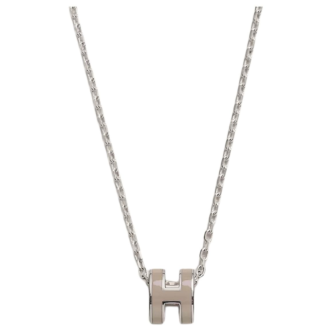 HERMES Hermès POP H series Mini Pop H H logo decoration, fashionable and light luxury, metal, palladium-plated necklace, women's light brown silver