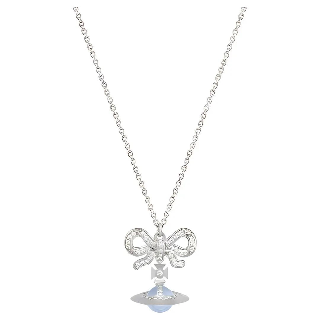 Vivienne Westwood Platinum Brass Bowknot Blue Globe Saturn Pendant Necklace Women's Silver/Blue