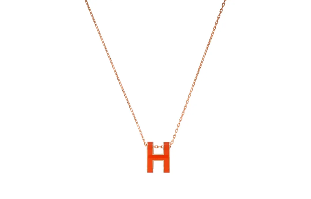 HERMES POP H Gold Plated Necklaces Women's Pendant Graffiti Orange, Chain Rose Gold