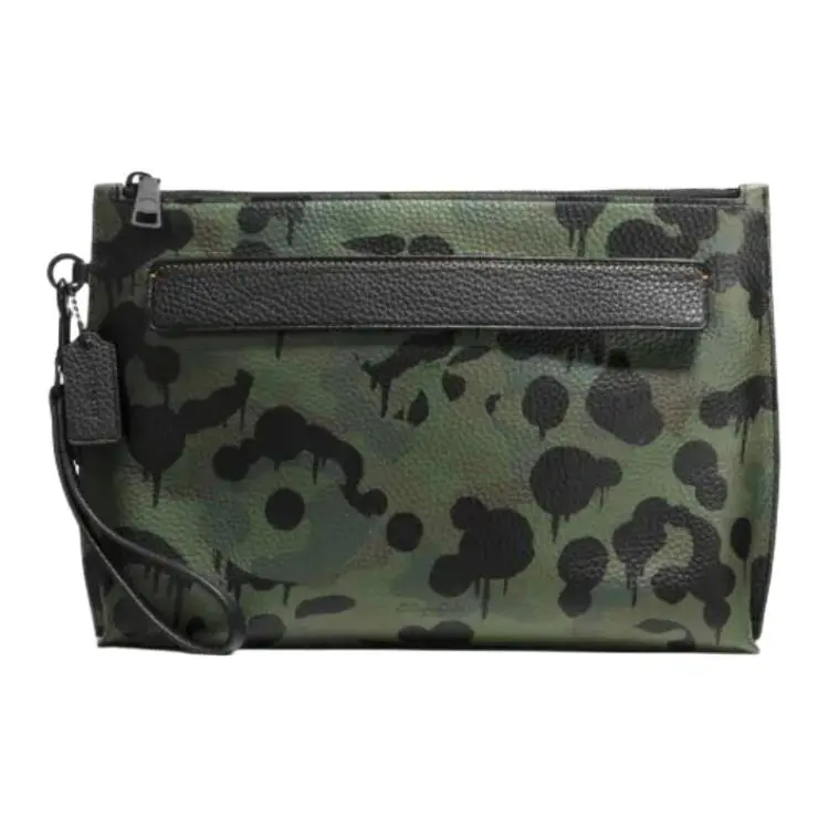 COACH Pouch Grain Leather Clutch Men's Army Green