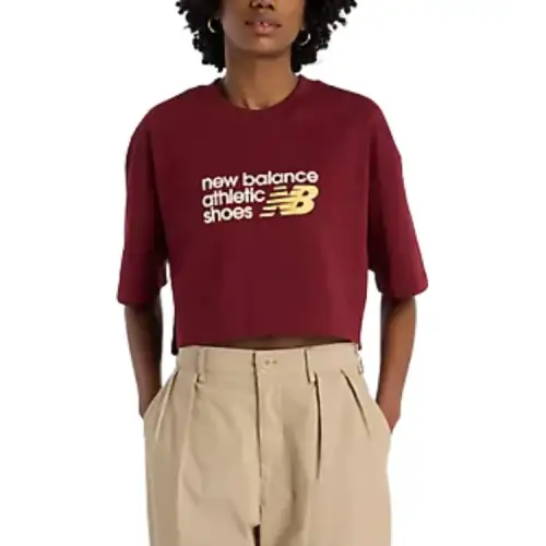 New Balance T Shirts Women's MONARCH BURGUNDY Crew Neck Moderate Straight Fit