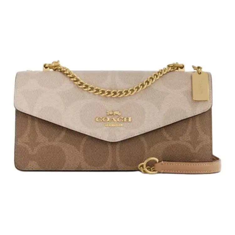 COACH Klare Coated Canvas With Leather Envelope Bag, Shoulder Bag, Crossbody Bag Medium Women's Tan