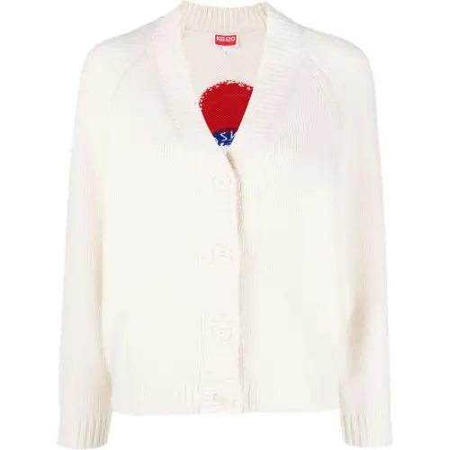 KENZO Knitwear Women's Ecru V Neck Moderate Cardigan