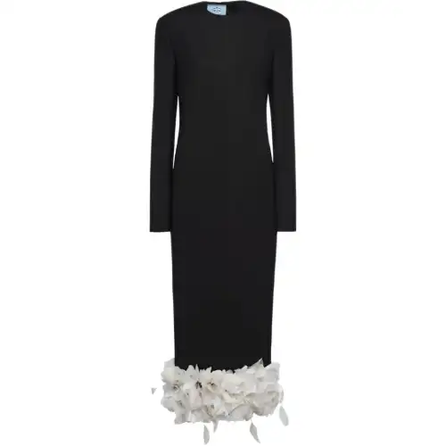 PRADA Floral-appliqué Wool Midi Dress